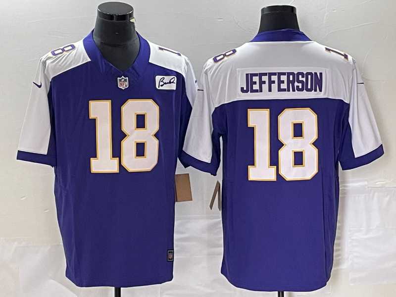Men%27s Minnesota Vikings #18 Justin Jefferson Purple 2023 FUSE Bud Grant Patch Limited Stitched Jersey